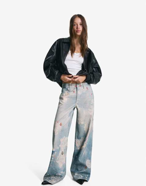 Bershka – Blå, mönstrade jeans med vida ben - view 1