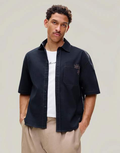 Bershka - Blå oversized kortærmet skjorte med broderi - view 1