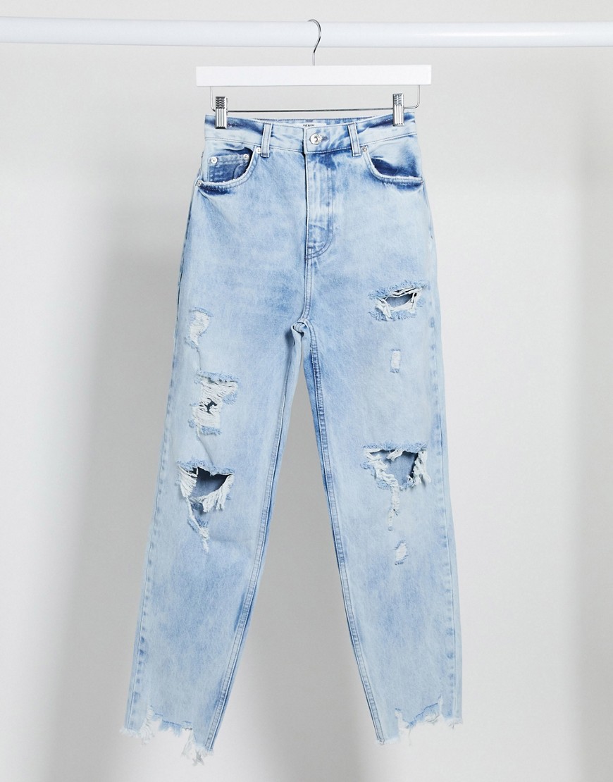 Bershka – Blå, slitna mom jeans