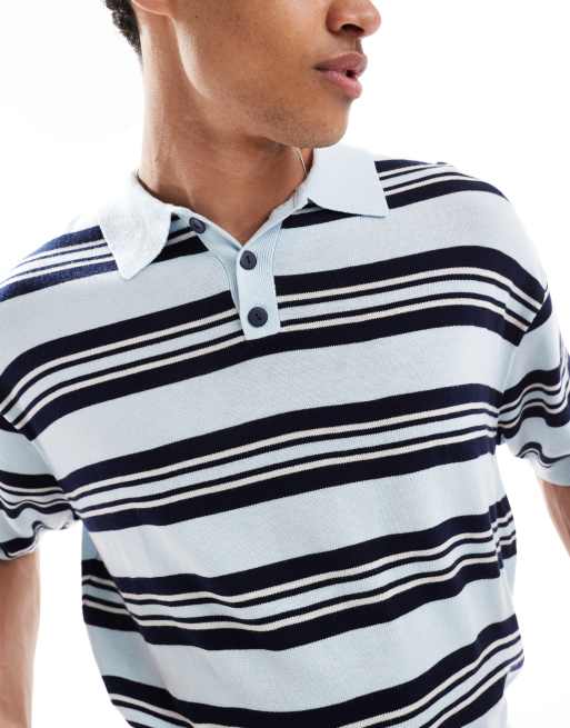 Bershka - Blå strikket poloskjorte med striber i retro-stil, 3 af 4