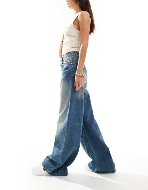 Bershka – Blå, supertvättade, baggy jeans med vida ben