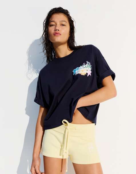 Bershka – Blå t-shirt i oversize med korta ärmar och tryck - view 1