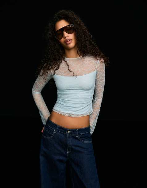 Bershka - Blå T-shirt med lange ærmer og blondekant - view 1