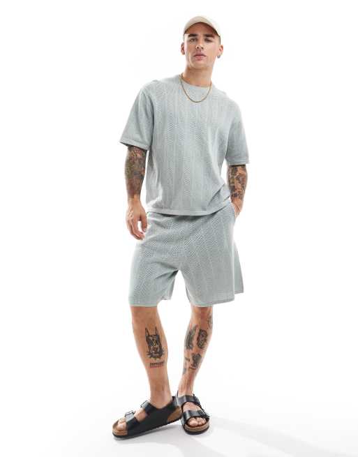 Bershka – Blå, texturerade shorts med fiskbensmönster, del av set