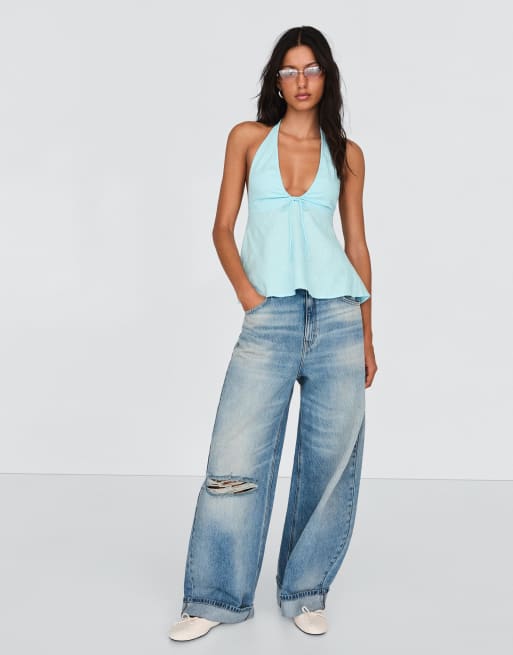 Bershka – Blå topp i linnemix med halterneck och knytning, 4 av 5