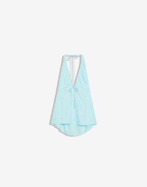 Bershka – Blå topp i linnemix med halterneck och knytning, 5 av 5