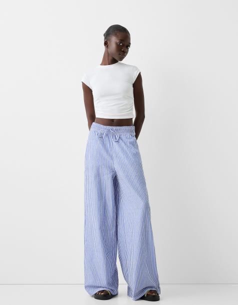 Bershka – Blårandiga byxor med vida ben och brett midjeband - view 1