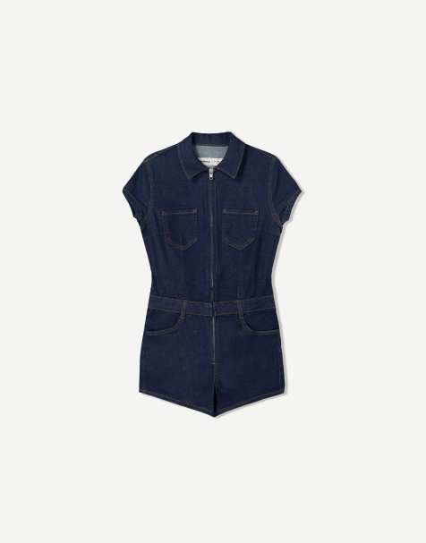Bershka - Blåt jumpsuit med shorts i denim - view 1