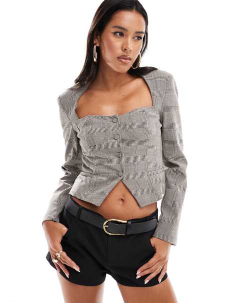 Bershka - Blazer à carreaux avec encolure en cœur - Gris - view 1