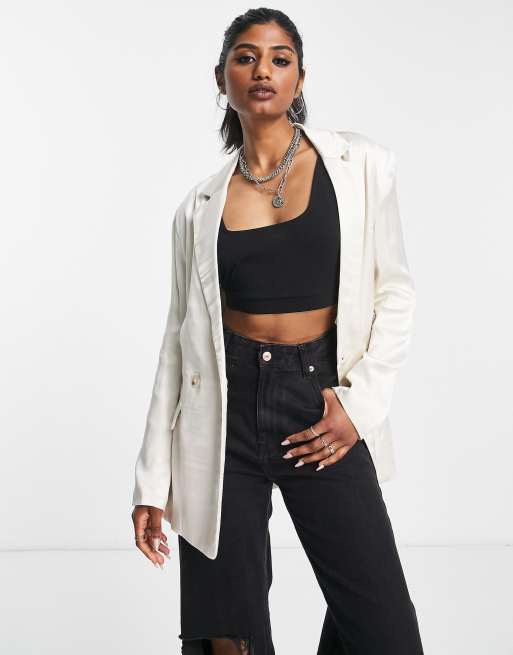 Bershka - Blazer oversize in raso color pietra in coordinato
