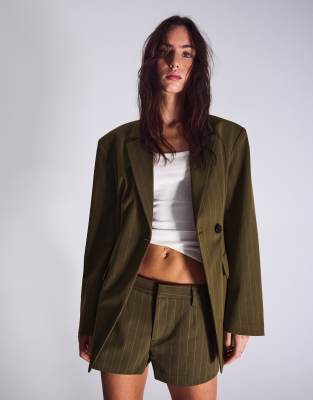 Blazer rayé à boutonnage croisé - Kaki-Vert XS