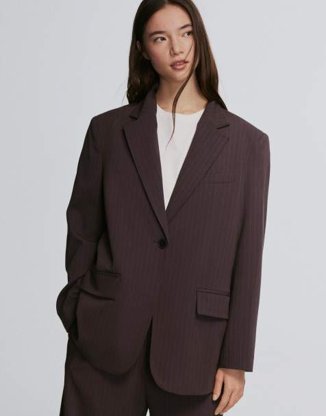 Bershka - Blazer rayé à boutonnage croisé - Marron - view 1