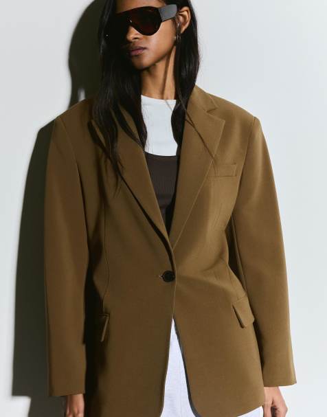 Bershka Blazer with back buckle in khaki - view 1