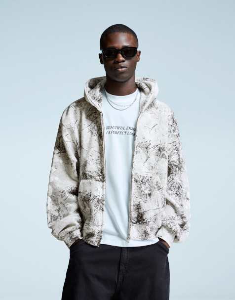 Bershka – Blekgrå, mönstrad sweatshirt med kort design och dragkedja - view 1