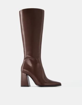 Bershka block heel boots in burgundy - view 1
