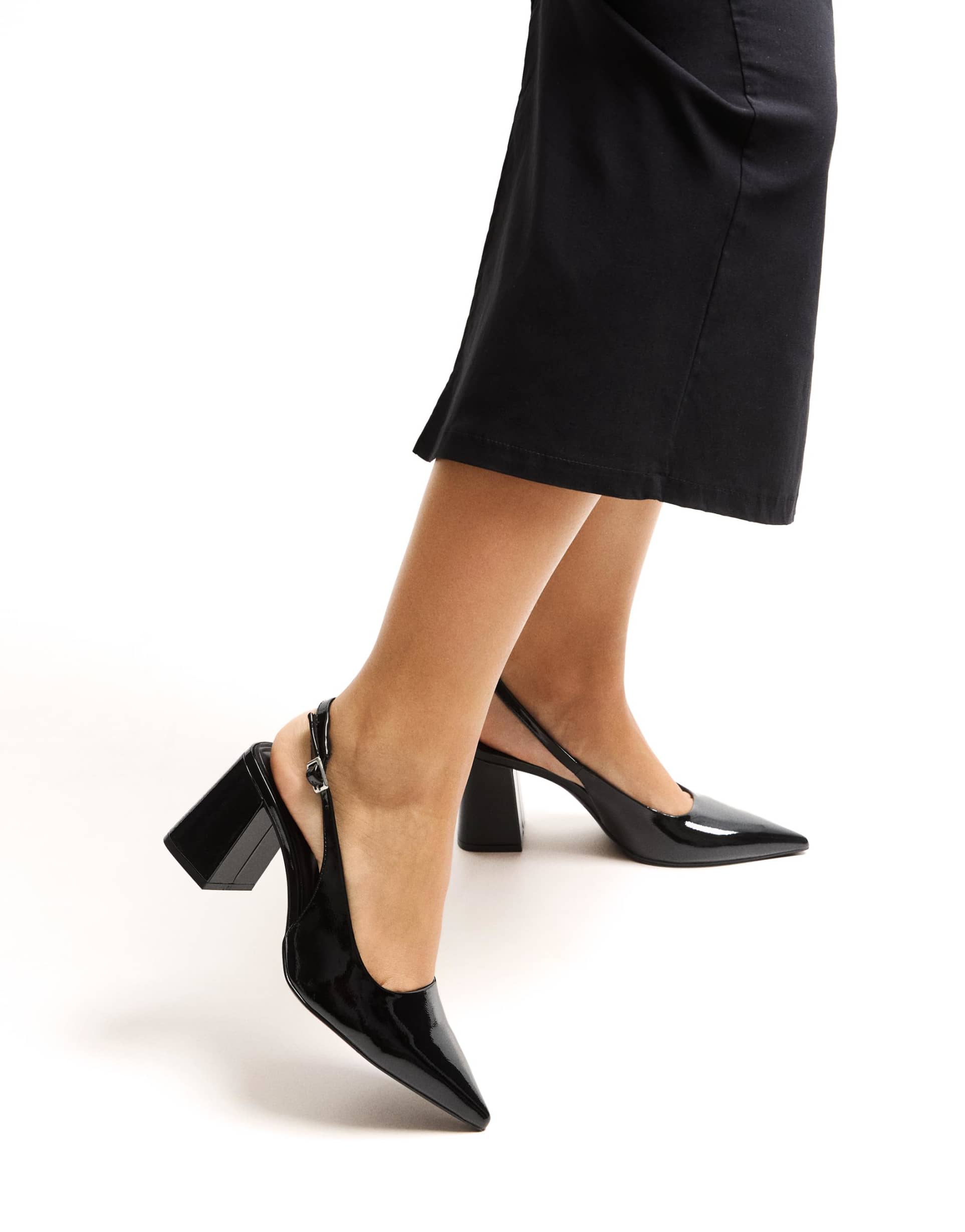 Bershka Block heel slingback shoes in black