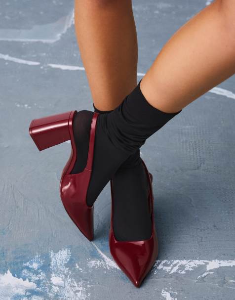 Bershka Block heel slingback shoes in burgundy - view 1