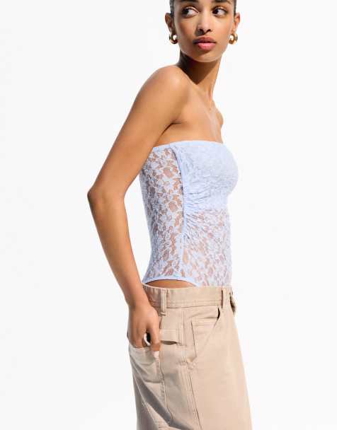 Bershka blonde lace bandeau neckline bodysuit in light blue - view 1