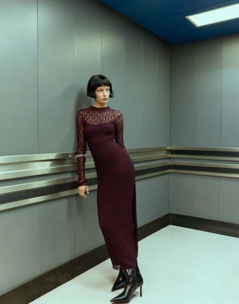 Bershka Blonde lace long-sleeve midi dress in burgundy
