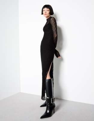 Bershka - Blonde - Langärmliges Midikleid aus Spitze in Schwarz