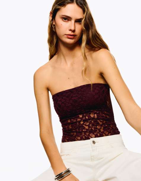 Bershka – Blonde – Trägerloser Body aus Spitze in Burgunderrot - view 1