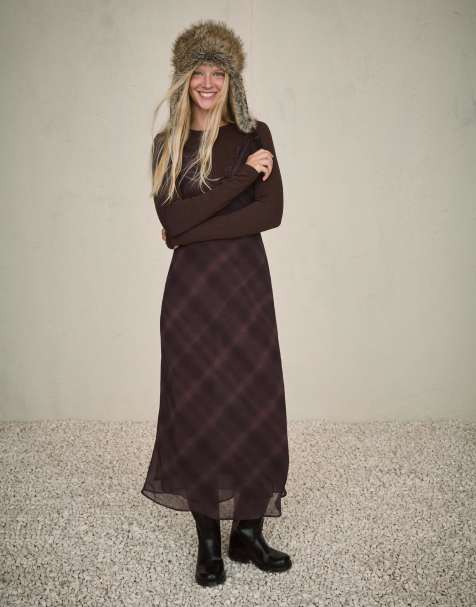 Bershka - Blonde - Vestito midi marrone in pizzo e chiffon - view 1