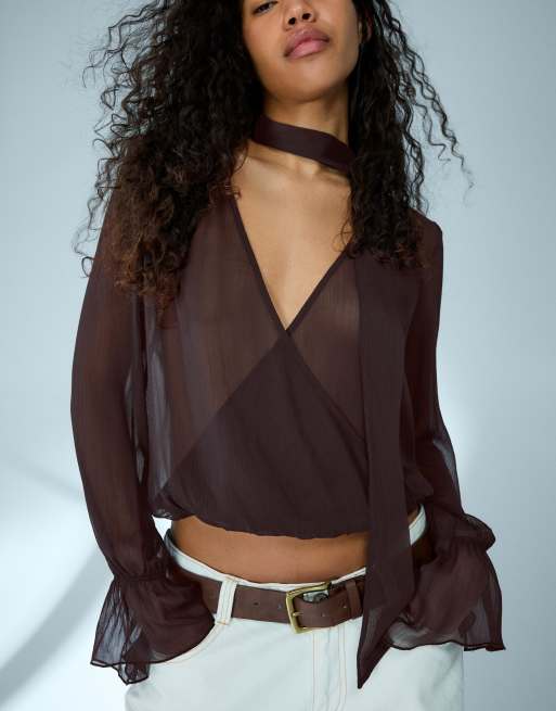 Bershka - Blouse met sjaal, lange mouwen en overslag in bruin, 2 van 4