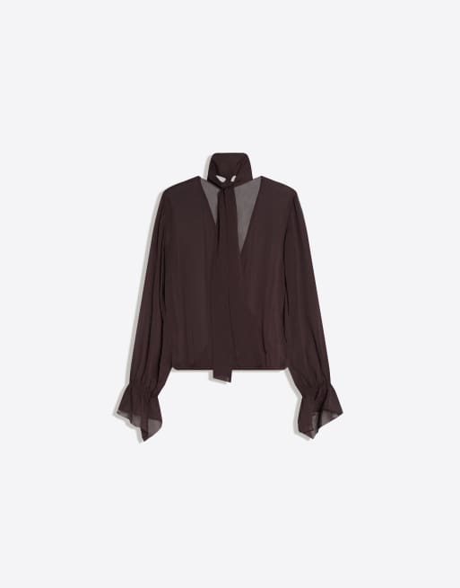 Bershka - Blouse met sjaal, lange mouwen en overslag in bruin, 3 van 4