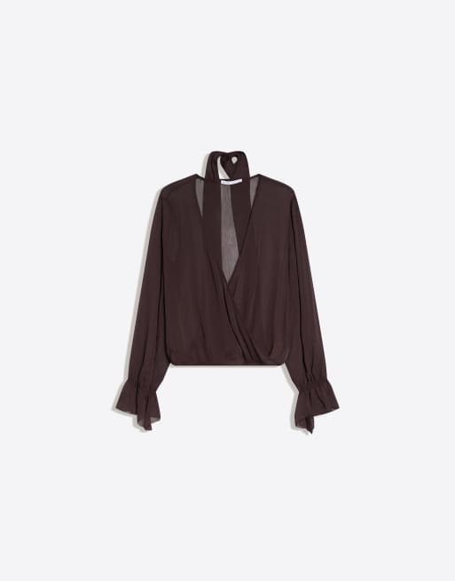 Bershka - Blouse met sjaal, lange mouwen en overslag in bruin, 4 van 4