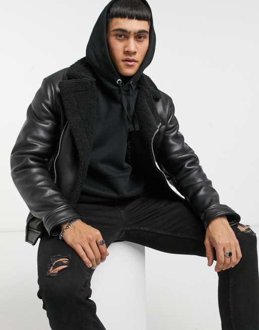 Bershka - Blouson de motard en imitation cuir avec col en teddy - Noir