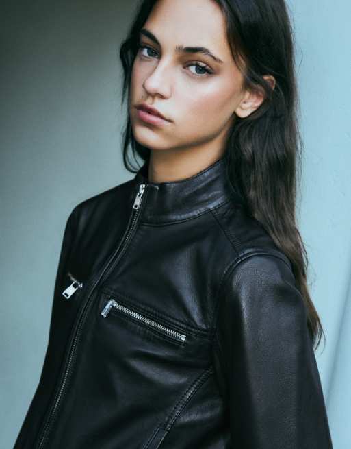 Bershka blouson en cuir style motard avec fermeture éclair noir, 4 de 5