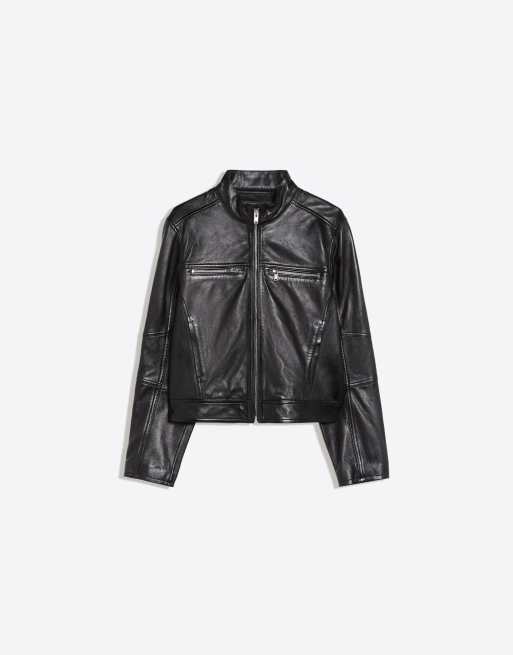 Bershka blouson en cuir style motard avec fermeture éclair noir, 5 de 5