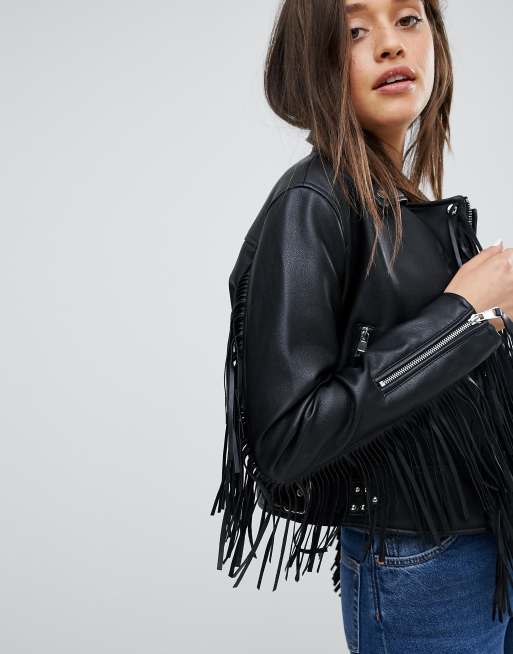 Bershka Blouson style motard franges en similicuir ASOS