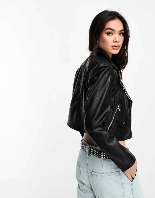 Bershka - Blouson style motard en similicuir - Noir, 2 de 4