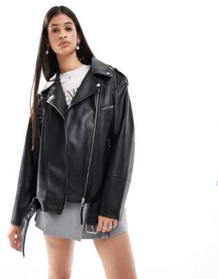 Bershka - Blouson style motard oversize en similicuir - Noir