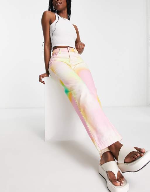 Bershka blurred digitalized tie dye print straight leg jeans in multi