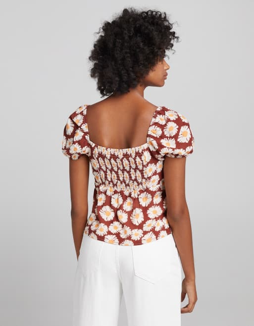 Bershka Blusa milkmaid button down colore marrone a fiori ASOS