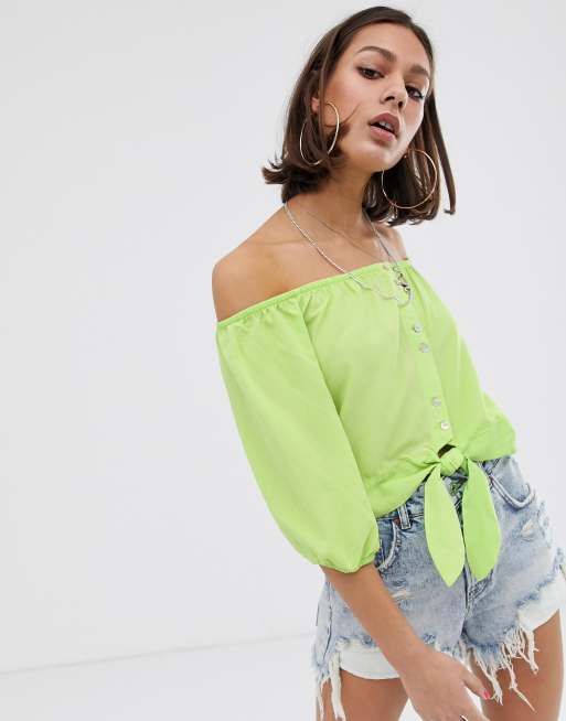 Bershka Blusa verde con scollo alla Bardot