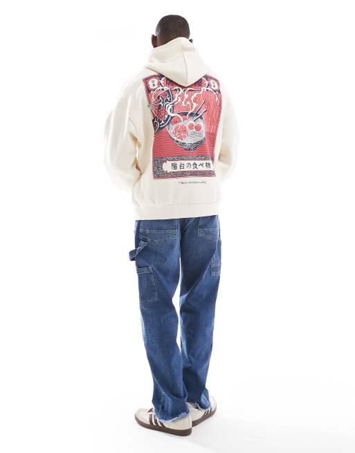 Bershka – Bluza z kapturem w kolorze ecru z nadrukiem ramen , 3 z 4