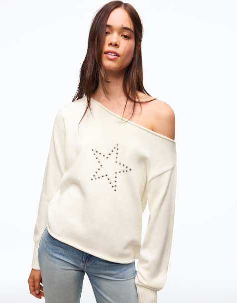 Bershka Boat neck jumper in ecru
