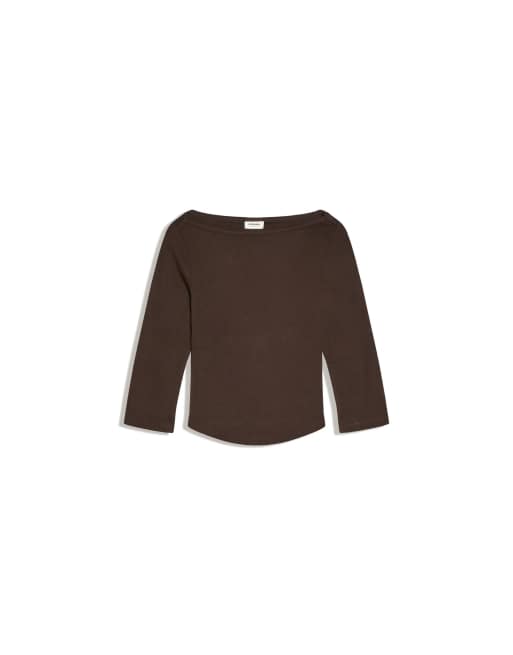 Bershka Boat neck long-sleeve t-shirt in brown, 2 of 2