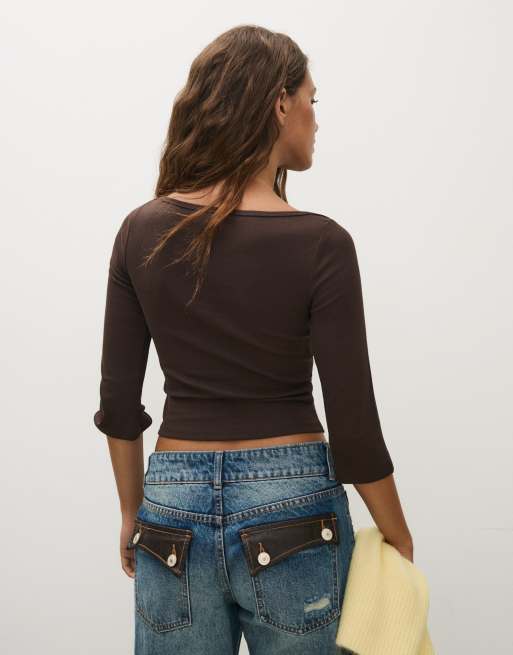 Bershka Boat neck long-sleeve t-shirt in brown, 3 of 5