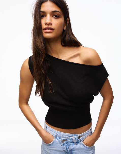 Bershka Boat neck top in black - view 1