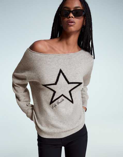 Bershka Boatneck print sweater in grey - view 1