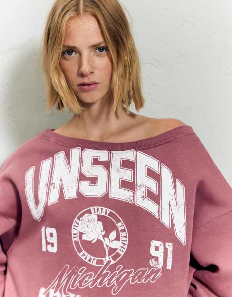 Bershka Boatneck printed sweatshirt in pink