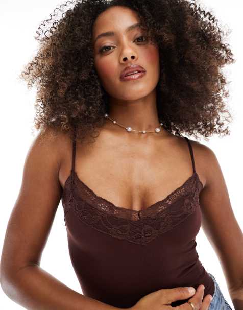 Bershka - Body avec détail en dentelle - Marron - view 1