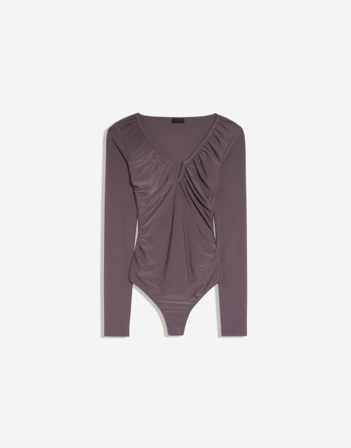 Bershka Body col V à manches longues gris délavé, 6 de 6