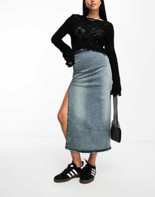 Bershka Body-conscious Denim Midi Skirt In Mid Blue