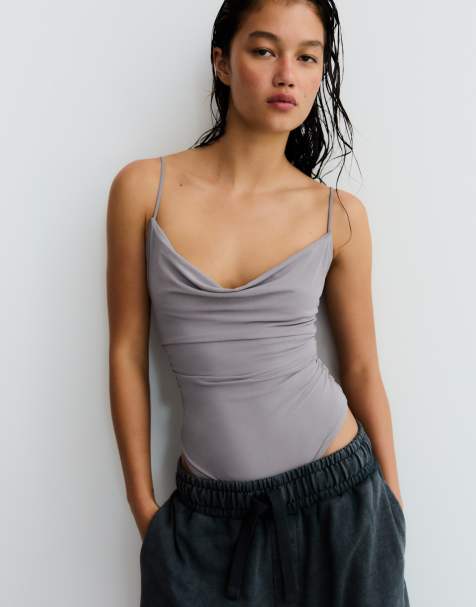 Bershka - Body drapé à bretelles - Gris - view 1