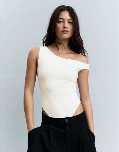 Bershka - Body écru asimmetrico con spallina arricciata - view 1